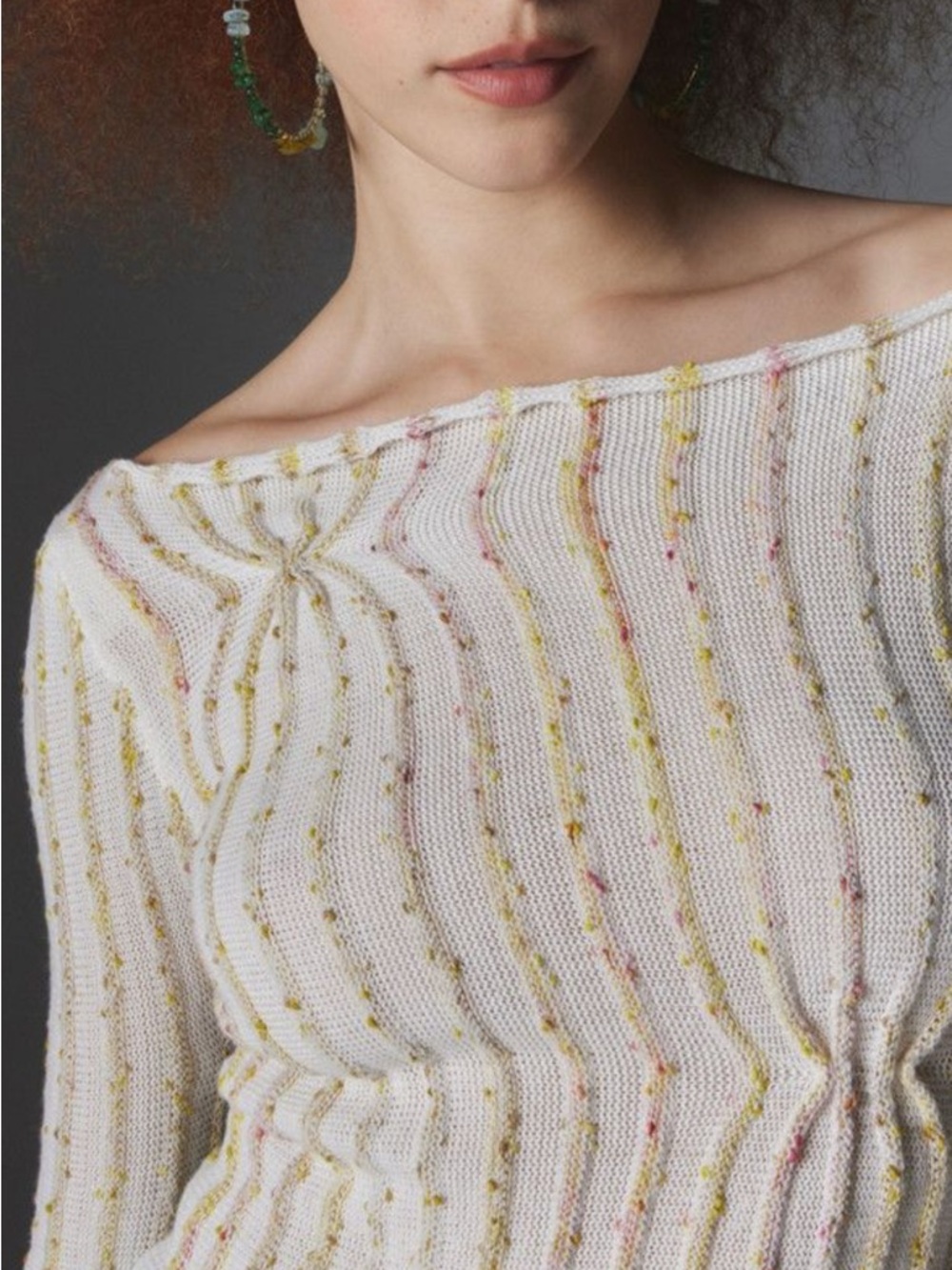 Off-the-Shoulder Sweater with Yellow and Pink Speckle